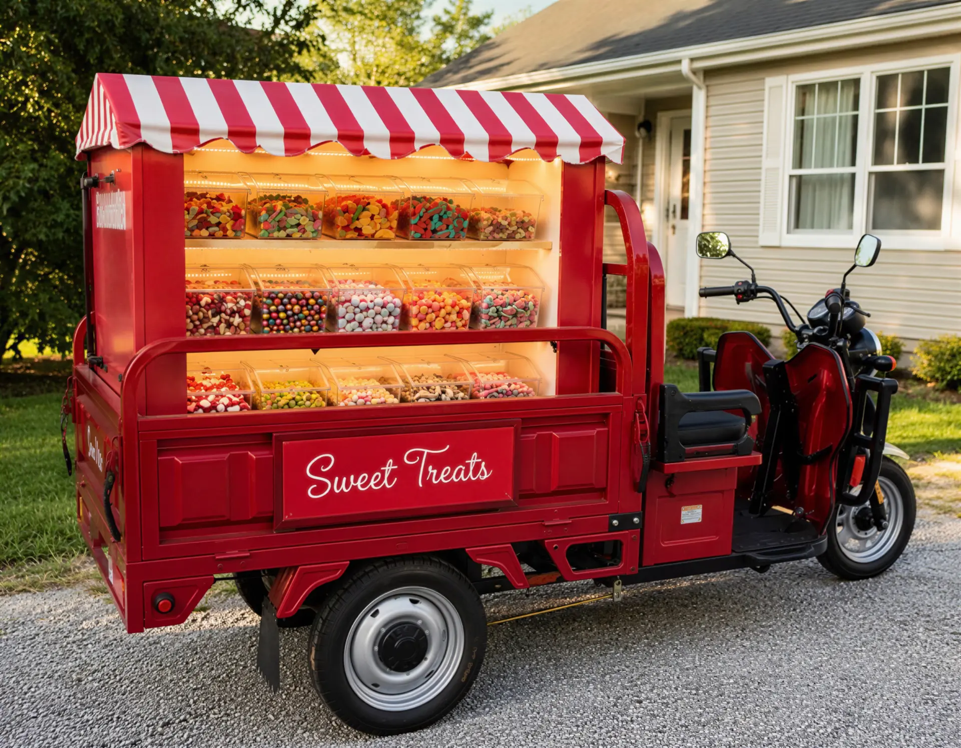 Titi’s red mobile candy cart filled with colorful sweets