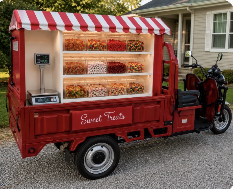 Titi’s red electric candy cart shown at an angle